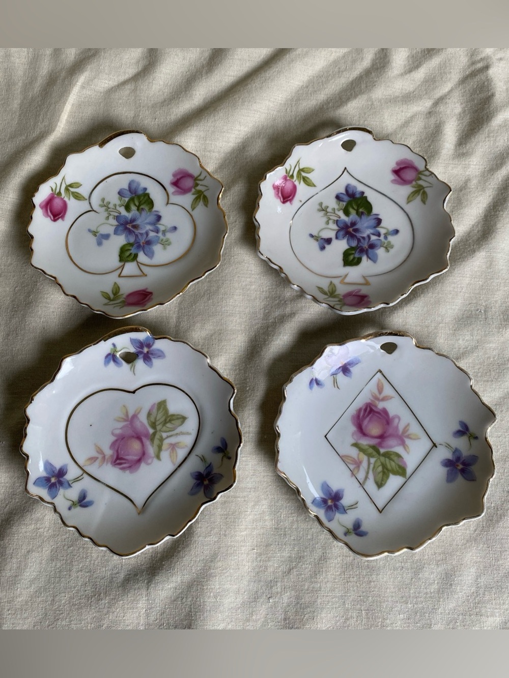 Vintage Hand Painted LEFTON China Floral Card Suits Trinket Dishes- Set of 4 ~